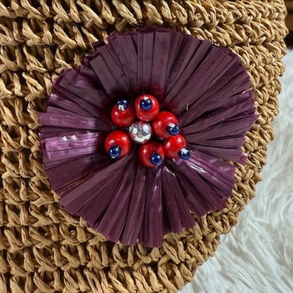 Jessica Simpson Raffia Straw 3D Beaded Floral Feather St. Pete Toast Pink Tote - Picture 10 of 16